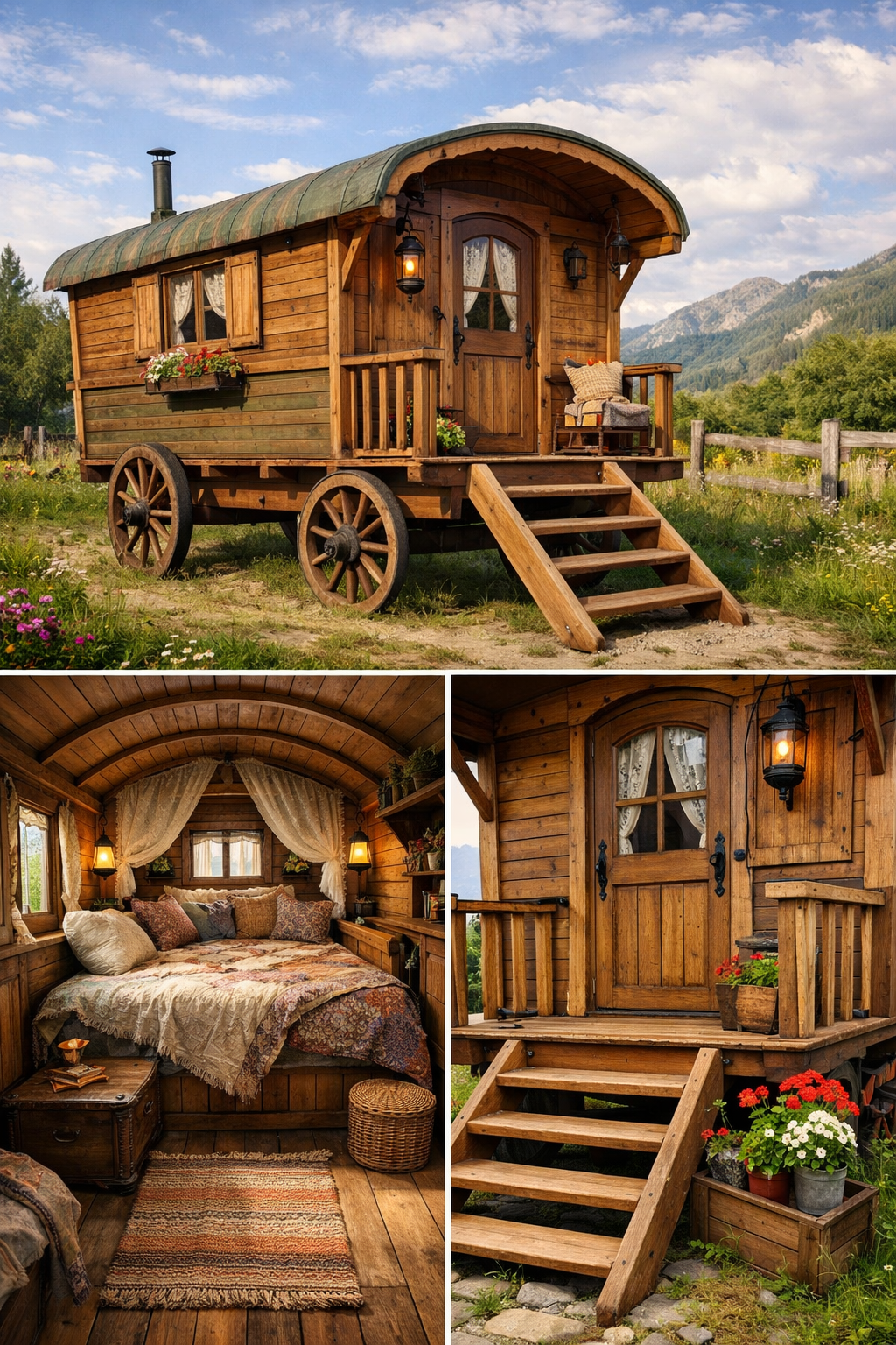 A beautiful wooden wagon at Nomad Wagon Camp surrounded by nature